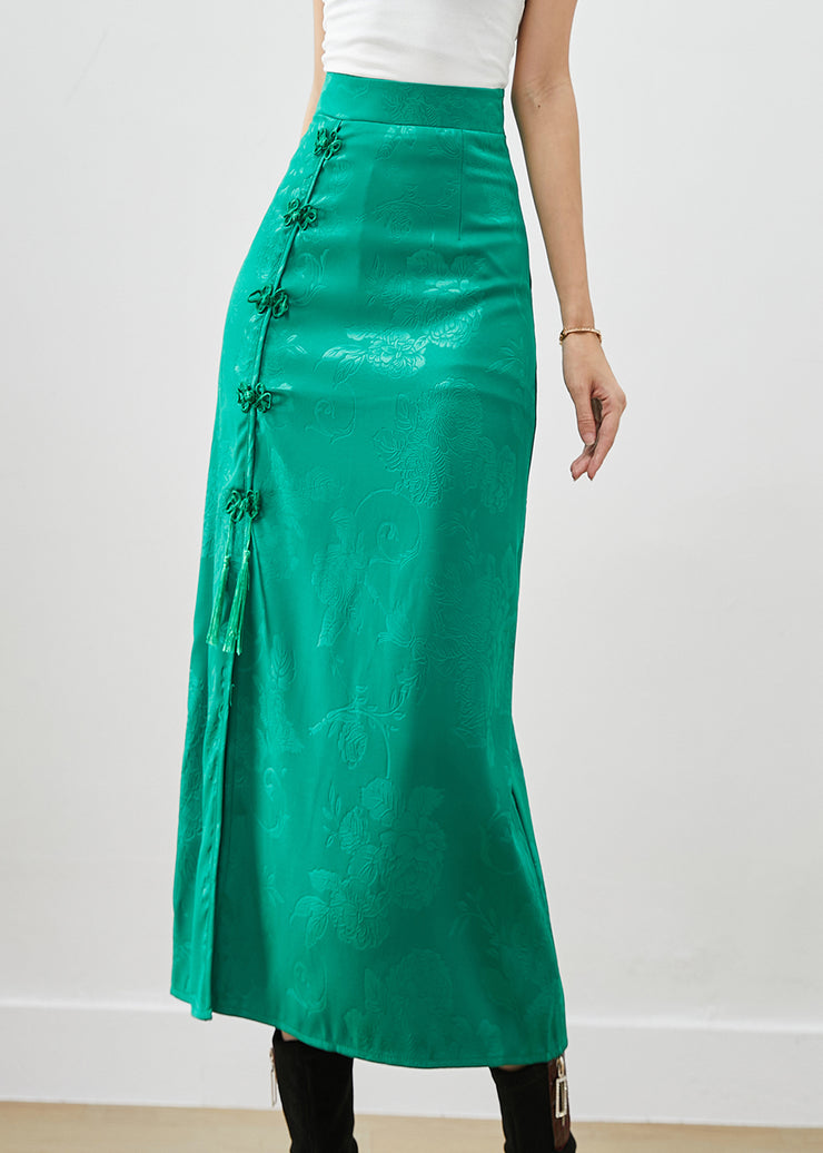 Women Green Jacquard Chinese Button Silk Wraped Skirt Fall