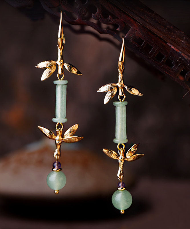 Women Green Jade Bamboo 14K Gold Tassel Drop Earrings
