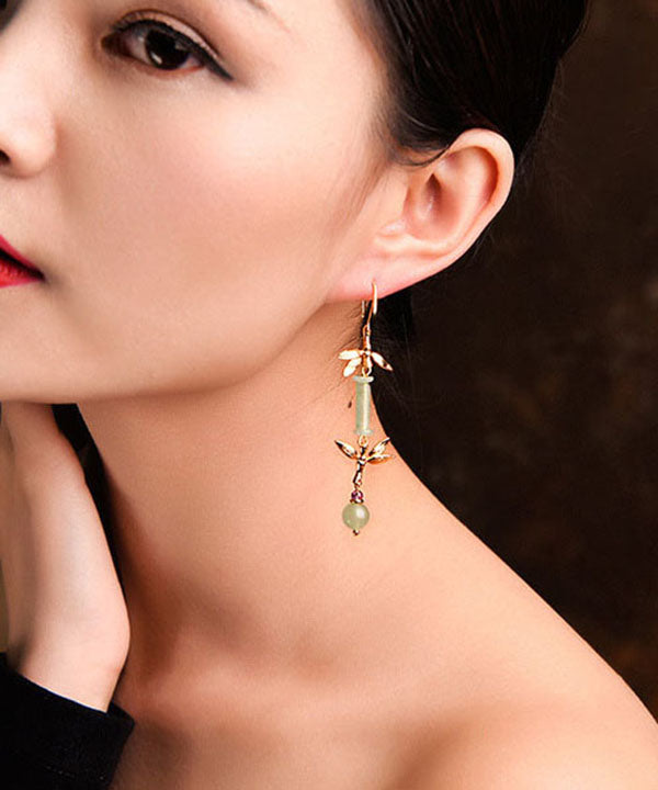 Women Green Jade Bamboo 14K Gold Tassel Drop Earrings