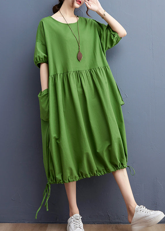 Women Green O-Neck Cinched drawstring pocket Vacation Dresses Short Sleeve