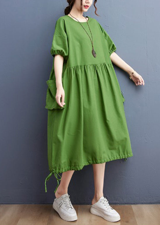 Women Green O-Neck Cinched drawstring pocket Vacation Dresses Short Sleeve