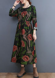 Langes Kleid aus Baumwolle mit grünem O-Ausschnitt und Blumendruck und langen Ärmeln