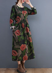 Women Green O-Neck Floral Print Cotton Long Dress Long Sleeve