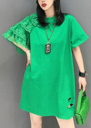 Women Green O Neck Lace Patchwork Cotton T Shirt Summer
