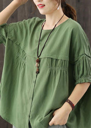 Women Green O-Neck Patchwork Button wrinkled Fall Half Sleeve Top