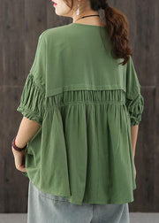 Women Green O-Neck Patchwork Button wrinkled Fall Half Sleeve Top