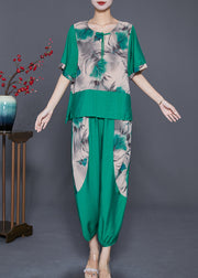 Women Green O-Neck Patchwork Tassel Linen Two Pieces Set Summer