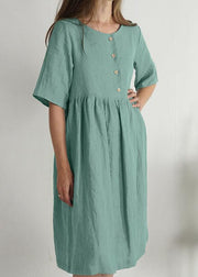 Women Green O Neck Pockets Wrinkled Patchwork Linen Dress Summer