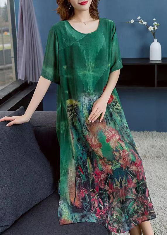 Women Green O Neck Print Patchwork Chiffon Dress Summer