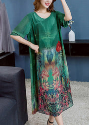 Women Green O Neck Print Patchwork Chiffon Dress Summer