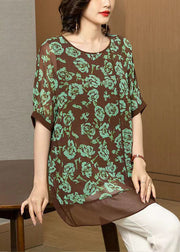 Women Green O Neck Print Patchwork Chiffon T Shirt Summer