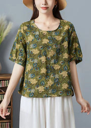 Women Green O Neck Print Patchwork Cotton T Shirt Top Summer