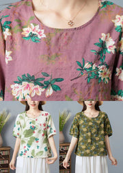 Women Green O Neck Print Patchwork Cotton T Shirt Top Summer