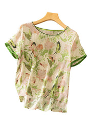 Women Green O Neck Print Silk T Shirts Short Sleeve
