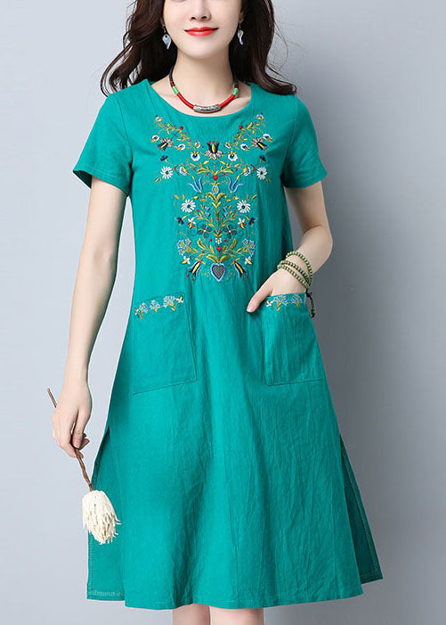 Frauen grün O-Ausschnitt Seite offen bestickte Taschen Baumwollkleider Kurzarm