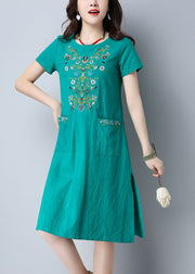 Women Green O-Neck Side Open Embroidered Pockets Cotton Dresses Short Sleeve