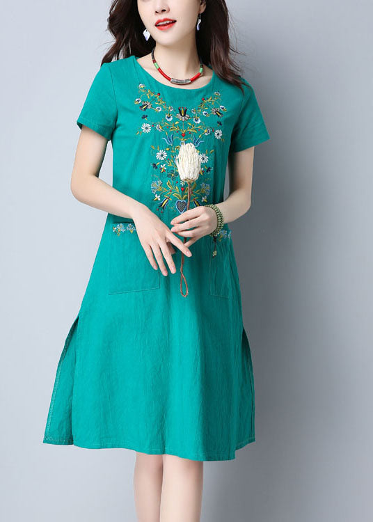 Women Green O-Neck Side Open Embroidered Pockets Cotton Dresses Short Sleeve