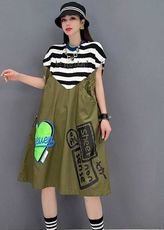 Frauen grün O-Ausschnitt gestreift Patchwork Print Taschen Kleider Kurzarm