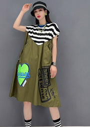 Frauen grün O-Ausschnitt gestreift Patchwork Print Taschen Kleider Kurzarm