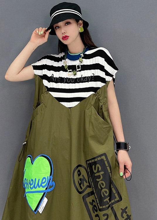 Women Green O-Neck Striped Patchwork Print Pockets Dresses Short Sleeve