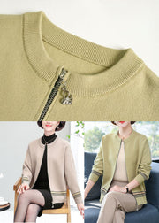 Women Green O-Neck Zip Up Woolen Jackets Long Sleeve