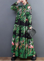 Women Green Oversized Patchwork Exra Large Hem Cotton Holiday Dress Spring