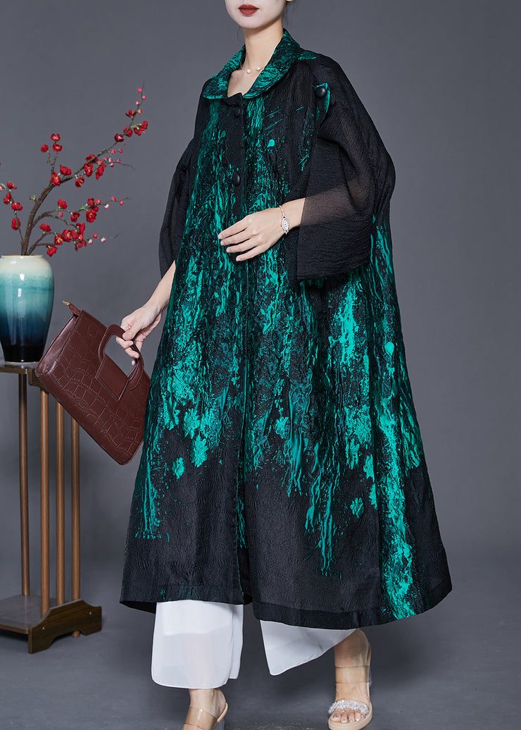 Women Green Oversized Patchwork Jacquard Spandex Trench Coats Spring