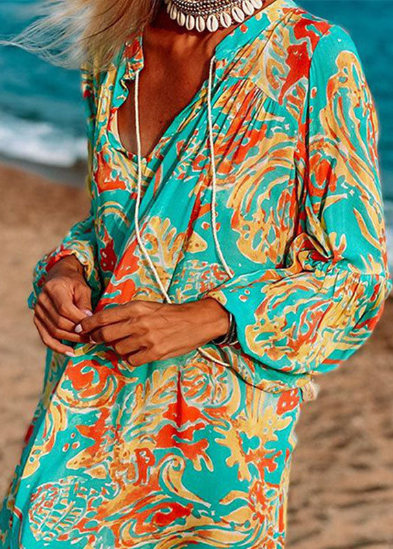 Women Green Oversized Print Cotton Loose Beach Dresses Long Sleeve