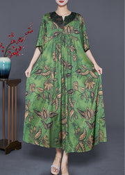 Women Green Oversized Print Exra Large Hem Silk Ankle Dress Summer