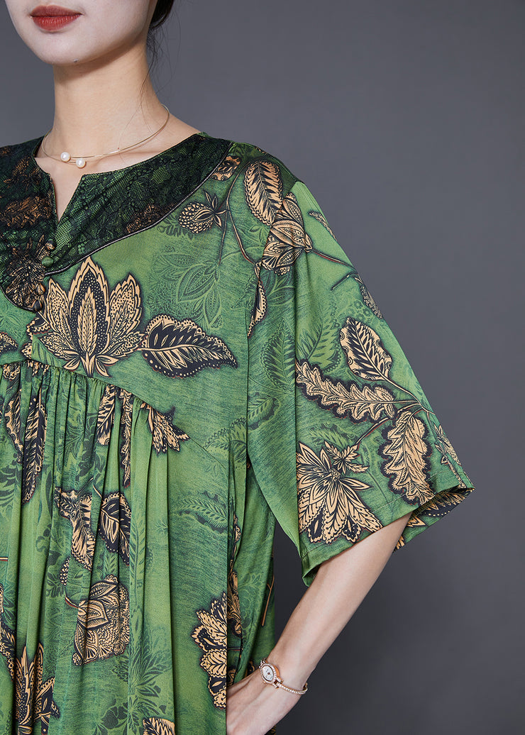 Women Green Oversized Print Exra Large Hem Silk Ankle Dress Summer