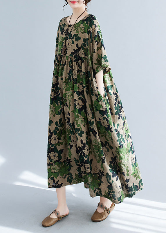 Women Green Patchwork Print Cotton Maxi Dress Short Sleeve