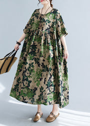 Women Green Patchwork Print Cotton Maxi Dress Short Sleeve