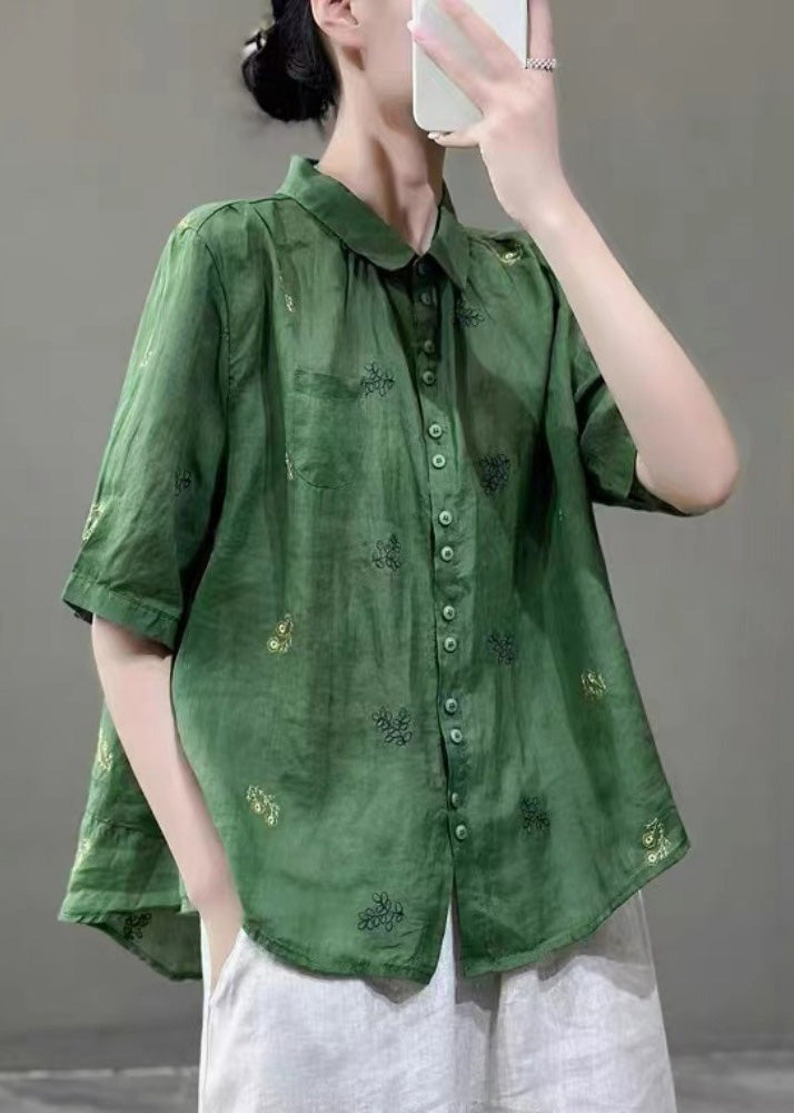 Women Green Peter Pan Collar Embroidered Patchwork Cotton Shirts Top Summer
