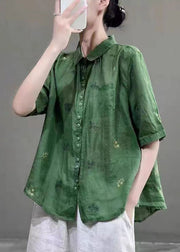 Women Green Peter Pan Collar Embroidered Patchwork Cotton Shirts Top Summer