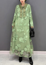 Women Green Peter Pan Collar Embroidered Patchwork Tulle Long Dresses Long Sleeve