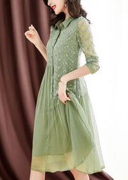 Women Green Peter Pan Collar Embroidered Patchwork Wrinkled Silk Long Dresses Long Sleeve
