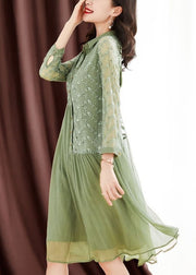 Women Green Peter Pan Collar Embroidered Patchwork Wrinkled Silk Long Dresses Long Sleeve