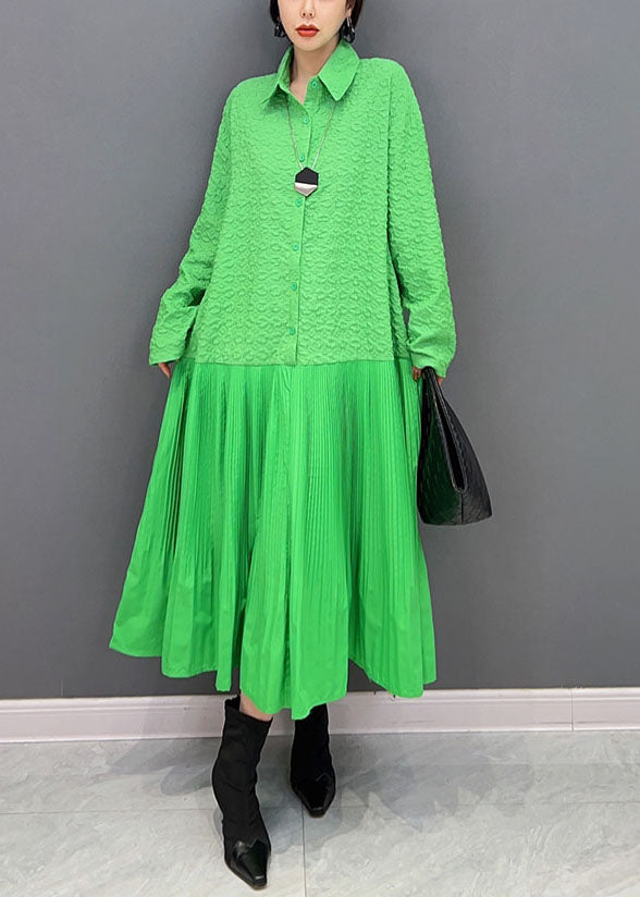 Women Green Peter Pan Collar Patchwork Jacquard Pleated Dress Spring