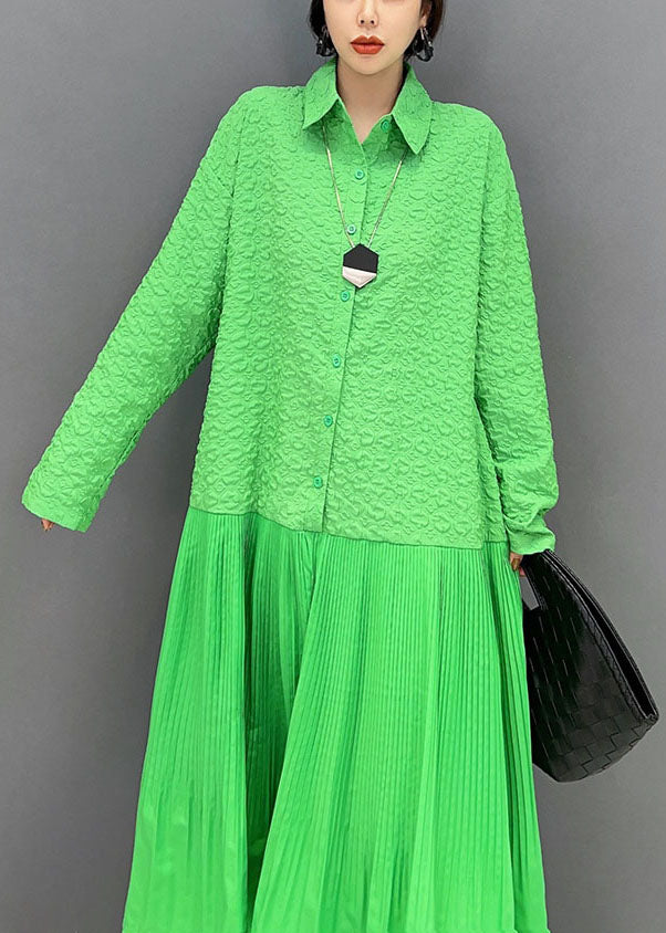 Women Green Peter Pan Collar Patchwork Jacquard Pleated Dress Spring