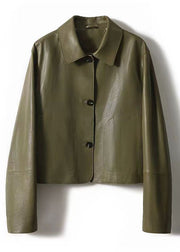 Women Green Peter Pan Collar Pockets Patchwork Sheepskin Coats Fall
