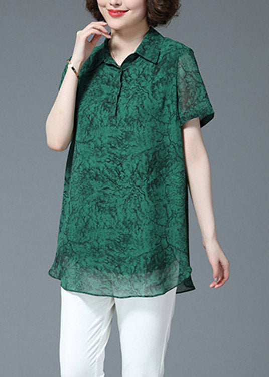 Women Green Peter Pan Collar Print Button Loose Chiffon Shirt Short Sleeve