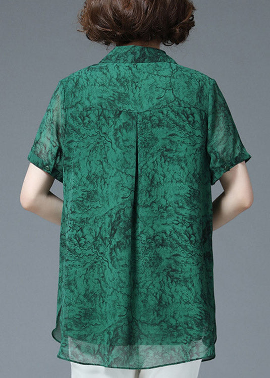 Women Green Peter Pan Collar Print Button Loose Chiffon Shirt Short Sleeve
