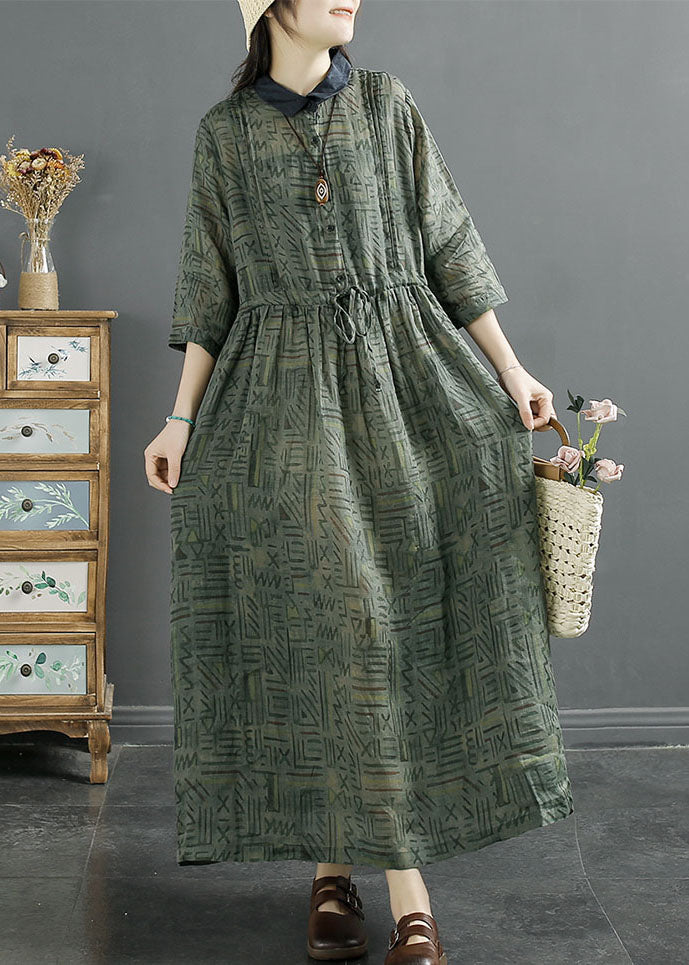 Women Green Peter Pan Collar Wrinkled Print Patchwork Linen Dress Summer