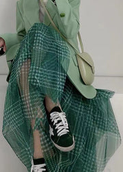 Women Green Plaid Asymmetrical High Waist Patchwork Tulle Skirts Summer