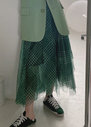 Women Green Plaid Asymmetrical High Waist Patchwork Tulle Skirts Summer