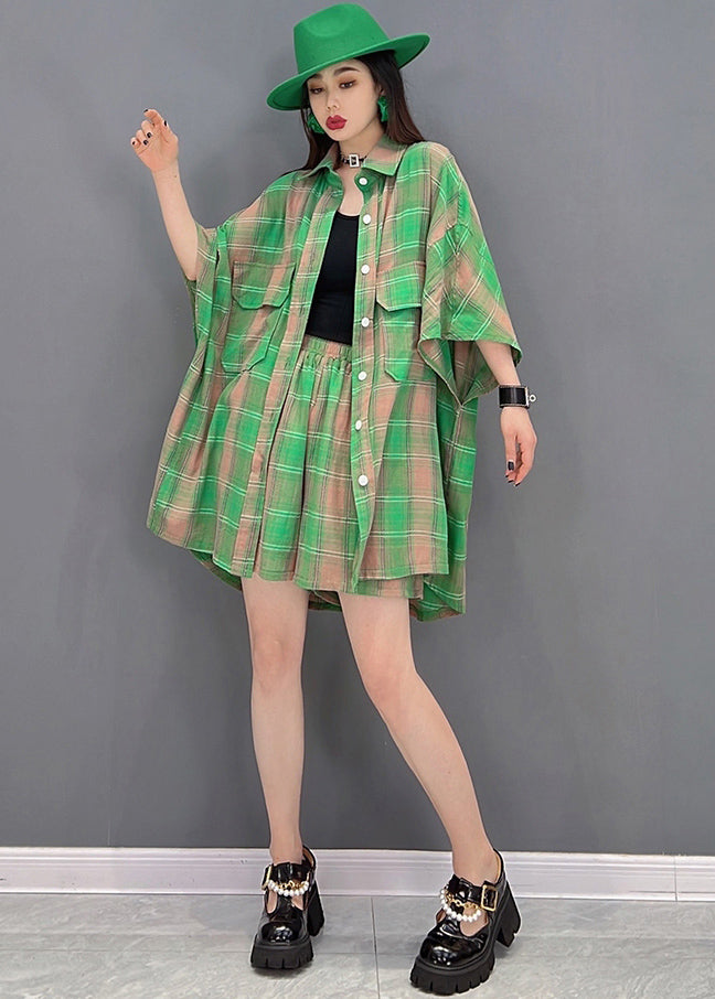 Women Green Plaid Pockets Cotton Linen Loose Shirt And Shorts Two Pieces Set Summer