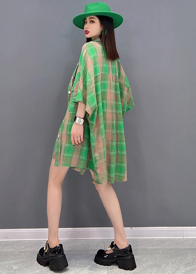 Women Green Plaid Pockets Cotton Linen Loose Shirt And Shorts Two Pieces Set Summer