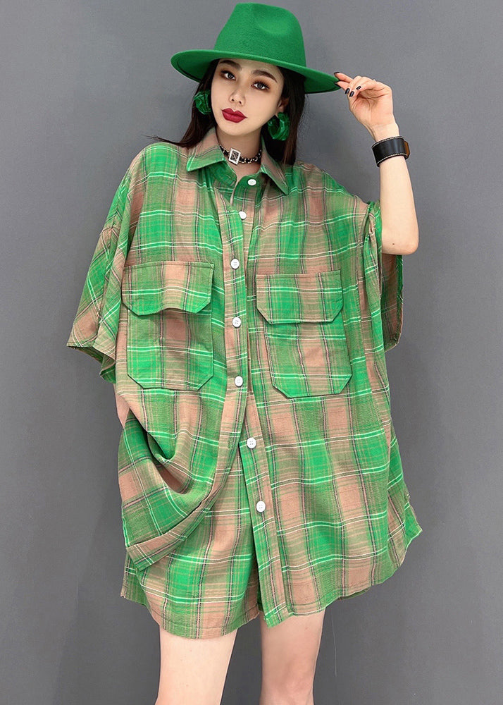 Frauen grün karierte Taschen Baumwolle Leinen lockeres Hemd und Shorts zweiteiliges Set Sommer