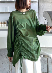 Women Green Pockets drawstring Long sleeve Summer Tops - SooLinen