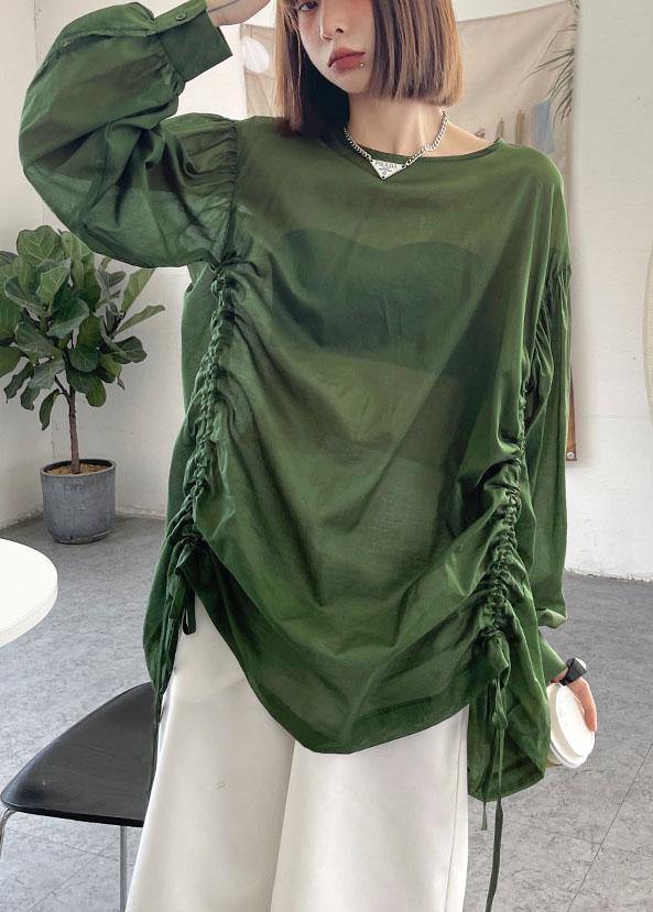 Women Green Pockets drawstring Long sleeve Summer Tops - SooLinen